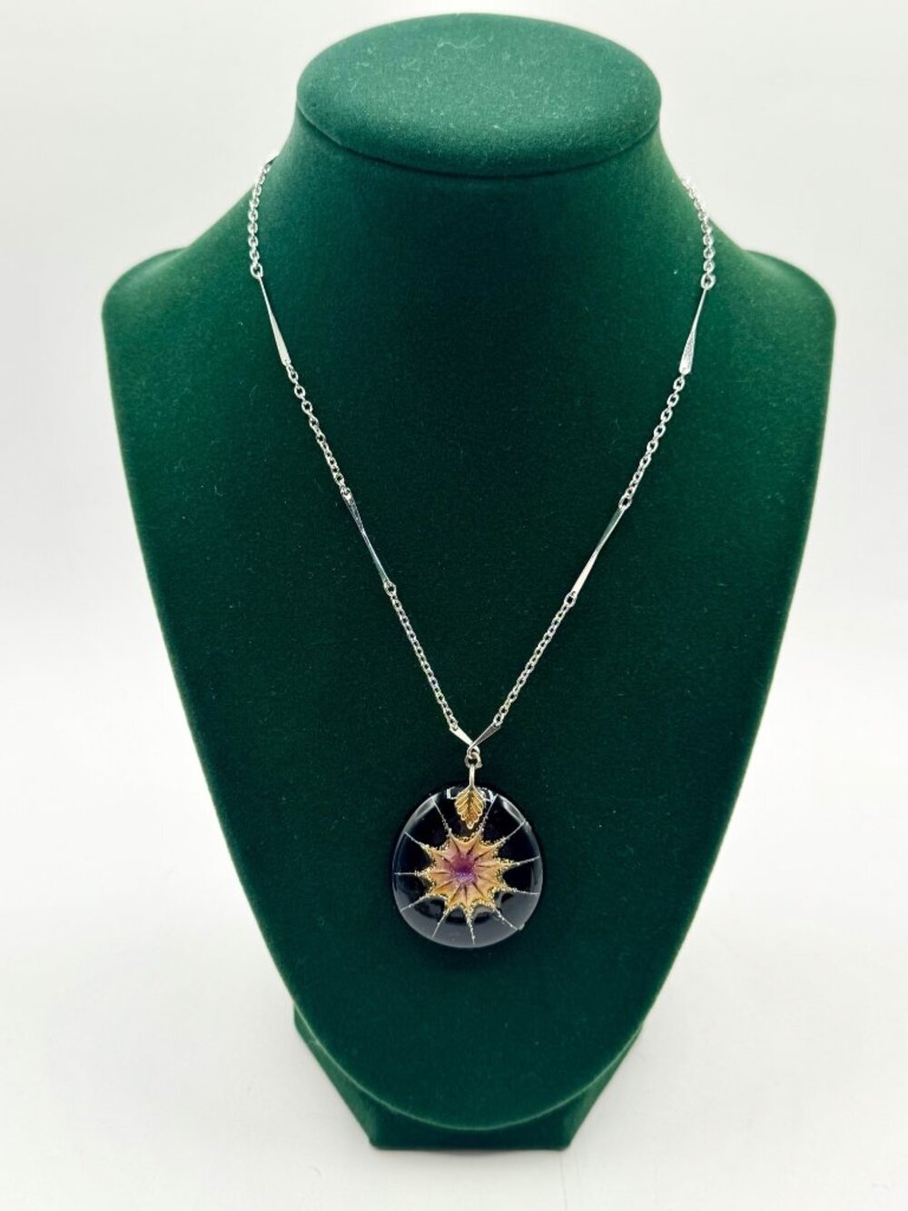 Vintage Handblown Art Glass Pendant With Gold Starburst/Nebula Design Necklace S
